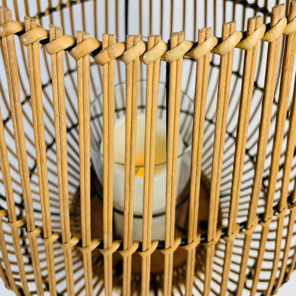 Boho Bamboo Candle Holder Lantern Glass Insert 16" Curved Rustic Home Decor Tabl - Picture 13 of 16